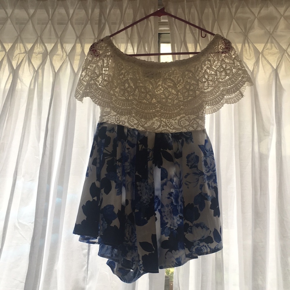 Lace and blue floral romper